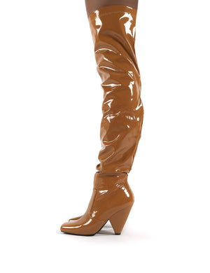 Conquer Camel Patent Thigh High Over The Knee Square Toe Cone Block Heeled Boots