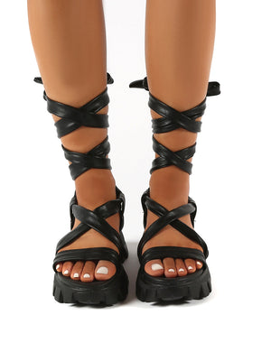 Friction Black PU Chunky Sole Lace Up Sandals