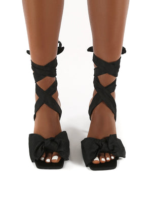 Girly Black Square Toe Bow Detail Lace Up Heels