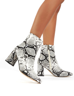 Grizzly White Snake Block Heeled Ankle Boots