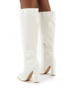 Slow White Snake Wide Fit Knee High Block Heel Boots