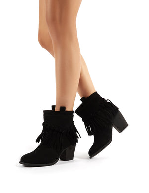 Jossa Black Faux Suede Fringed Heeled Western Ankle Boots