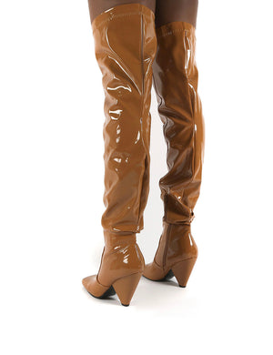 Conquer Camel Patent Thigh High Over The Knee Square Toe Cone Block Heeled Boots