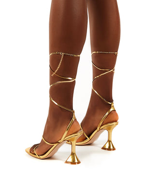 Evalyn Gold Lace Up Detail Mid Height Heels