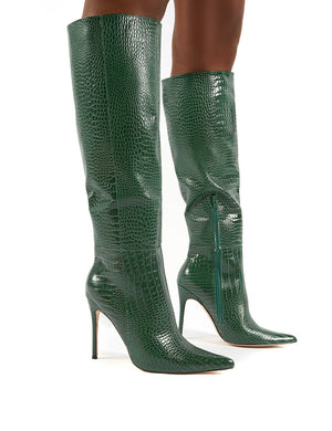 Aimi Green Croc Knee High Stiletto Heel Boots