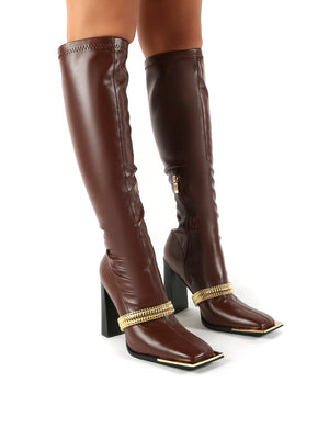 Manic Chocolate Removable Chain Detail Knee High Heeled Boots