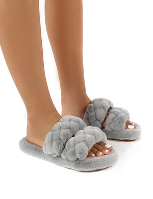 Minky Grey Fluffy Double Strap Slippers