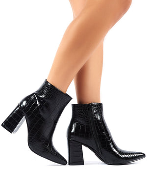 Empire Pointed Toe Ankle Boots in Black Croc