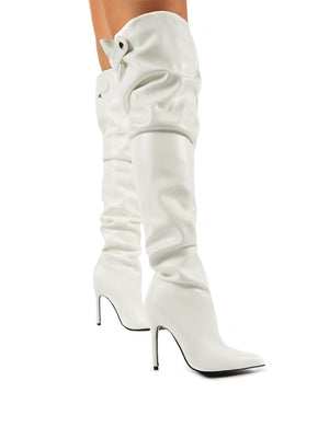Impulse White PU Slouch Stiletto Heeled Over the Knee Boots