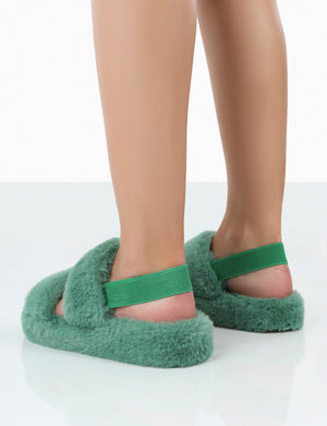 Bed Time Green Faux Fur Fluffy Strappy Slingback Slippers