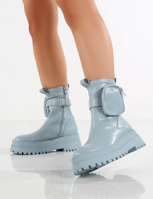 Amber x Public Desire Thought PU Blue Pocket Chunky Sole Ankle Boot