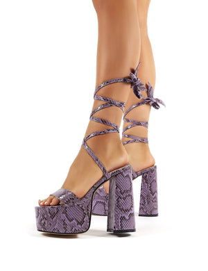 Brave Lilac Snakeskin Platform Lace Up Block High Heels