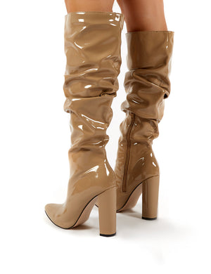Yours Camel Patent Heeled Knee High Block Boots