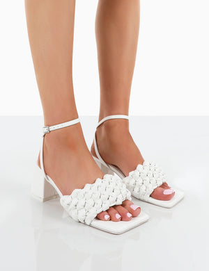 Got This White Pu Woven Square Toe Block Mid Heeled Mule Sandals
