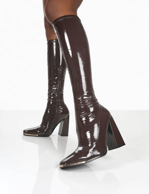 Caryn Chocolate Patent Knee High Heeled Boots