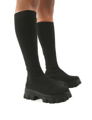 Future Black Knit Chunky Sole Knee High Boots