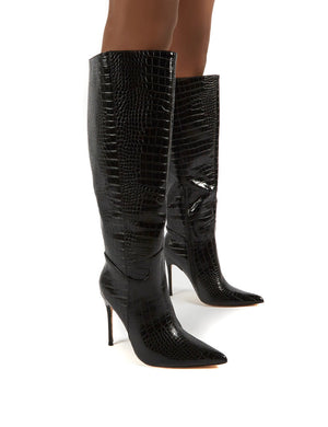 Go Wide Fit Black Knee High Pointed Toe Stiletto Heeled Boots