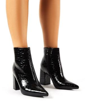 Hollie Pointed Toe Ankle Boots in Black Croc