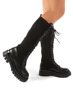 Embark Black Chunky Sole Knee High Lace Up Boots