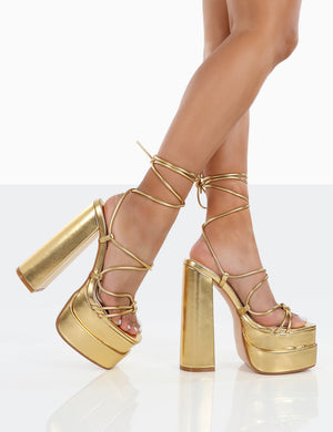 Glow Girl Wide Fit Gold PU Lace Up Platform High Heels