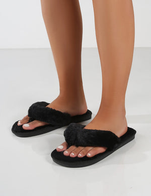Cuddle Black Thong Strap Faux Fur Slippers