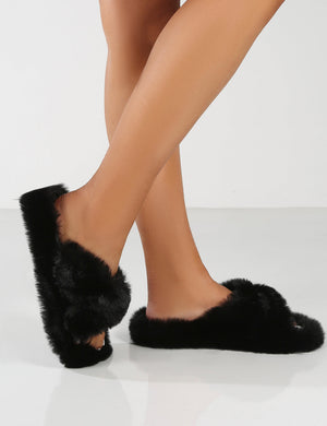 Fluffy Black Faux Fur Cross Over Slipper