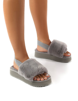 Funky Grey Platform Chunky Sole Velcro Strap Slippers