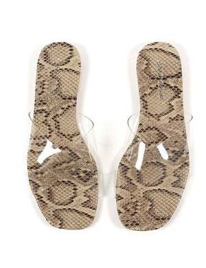 Harmony Natural Snakeskin and Clear Perspex Flat Sandals