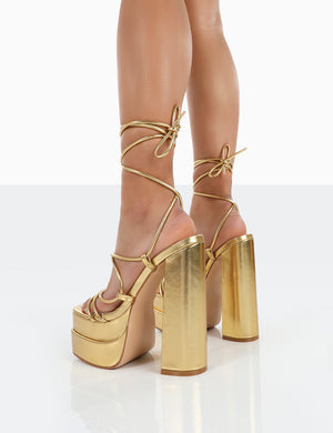 Glow Girl Gold PU Lace Up Platform High Heels