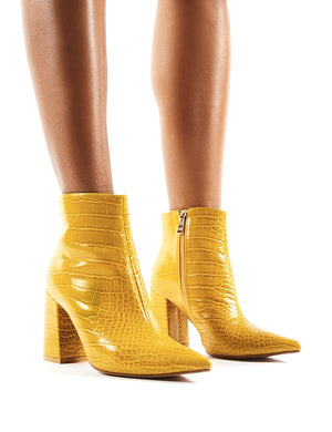 Hollie Pointed Toe Ankle Boots in Mustard Croc