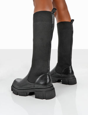 Carm Black Knit Knee High Chunky Sole Boots