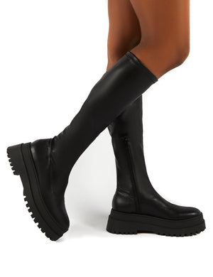 Haunt Black PU Knee High Chunky Sole Boots