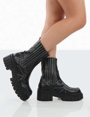 Consequence Black Drench Stitched Detail Chunky Sole Ankle Boots