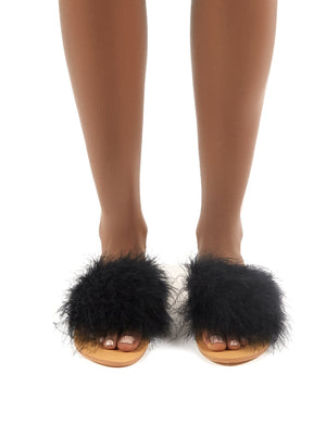 Bubbly Black Feather Slider Flat Sandals