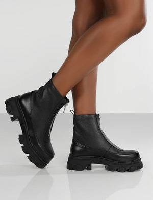Black Pu Round Diamante Buckle Chunky Ankle Boots