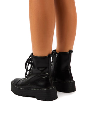 Blake Black PU Lace Up Chunky Sole Ankle Boots