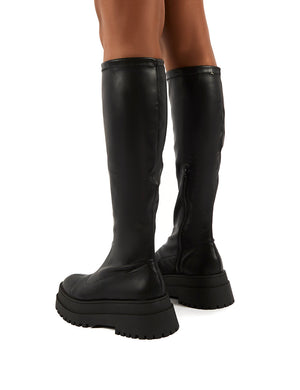 Haunt Black PU Knee High Chunky Sole Boots