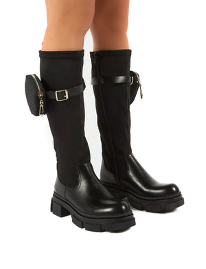 Generate Black Chunky Sole Knee High Pouch Boots