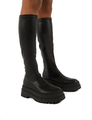 Haunt Black PU Knee High Chunky Sole Boots