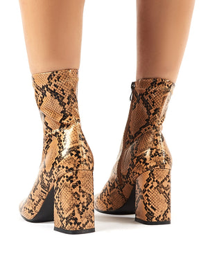Addict Tan Snakeskin Sock Fit Block Heeled Ankle Boots