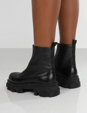 Direction Black Pu Zip Front Chunky Sole Ankle Boot