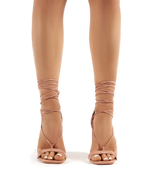 Frankie Wide Fit Nude Suede Lace Up Block High Heels