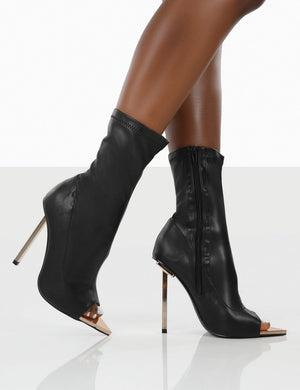 Independent Black Pu Open Toe Zip Up Stiletto Ankle Boots