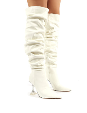 Adalee White PU Statement Heeled Slouch Over the Knee Boots