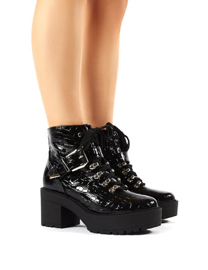 Attitude Black Patent Croc Chunky Sole Heeled Ankle Boots