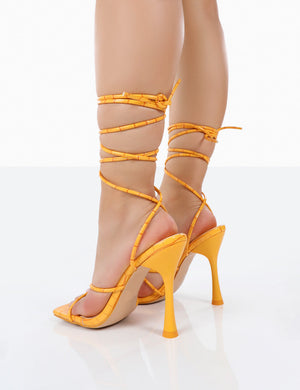 Imogen Orange Croc Square Toe Strappy Lace Up Heels