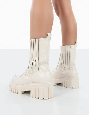 Consequence Ecru Drench Stitched Detail Chunky Sole Ankle Boots