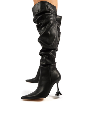 Adalee Black PU Statement Heeled Slouch Over the Knee Boots