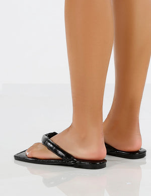Admit Black PU Padded Toe Thong Strap Flat Sandals