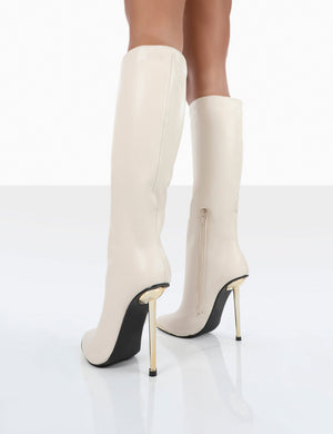 Tala Ecru PU Pointed Toe Siletto Heel Knee High Boots